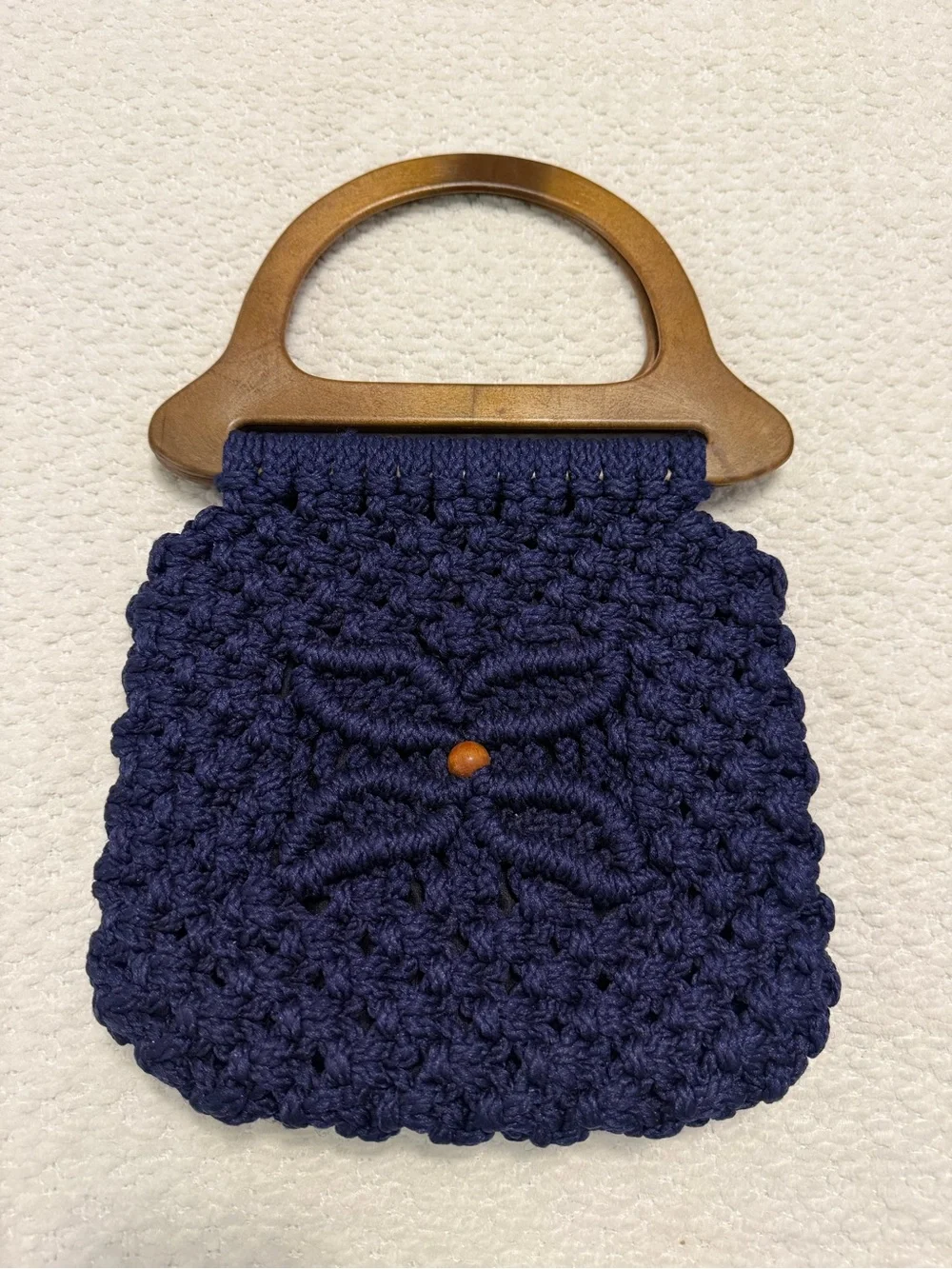 Vintage Handmade Macrame Handbag Brown Wood Handles Blue Purse - Picture 2 of 10
